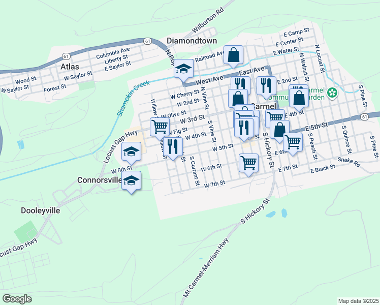 map of restaurants, bars, coffee shops, grocery stores, and more near 327 West 5th Street in Mount Carmel