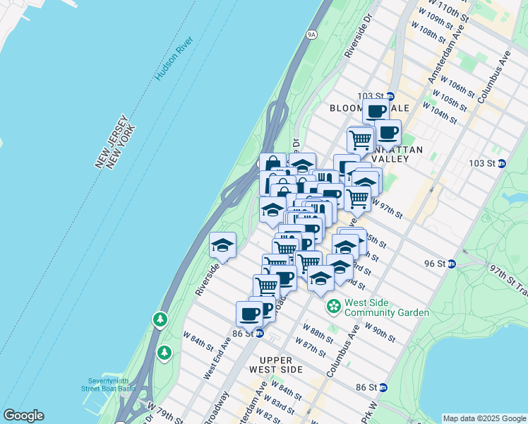 map of restaurants, bars, coffee shops, grocery stores, and more near 210 Riverside Drive in New York