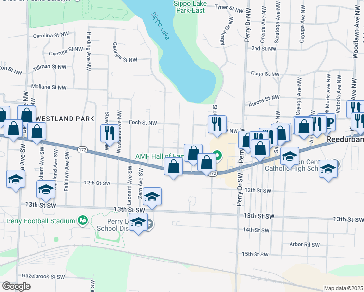 map of restaurants, bars, coffee shops, grocery stores, and more near 202 Pershing Avenue Northwest in Massillon