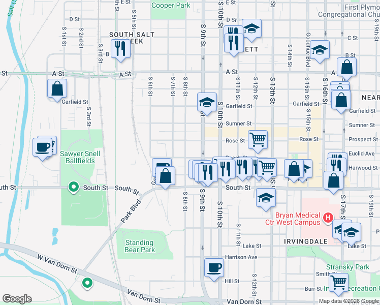 map of restaurants, bars, coffee shops, grocery stores, and more near 808 Peach Street in Lincoln
