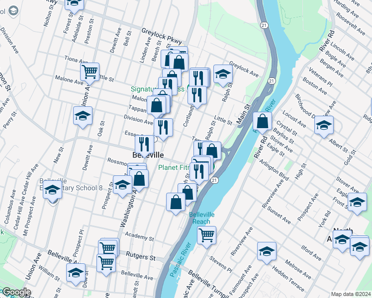 map of restaurants, bars, coffee shops, grocery stores, and more near 293 Stephens Street in Belleville