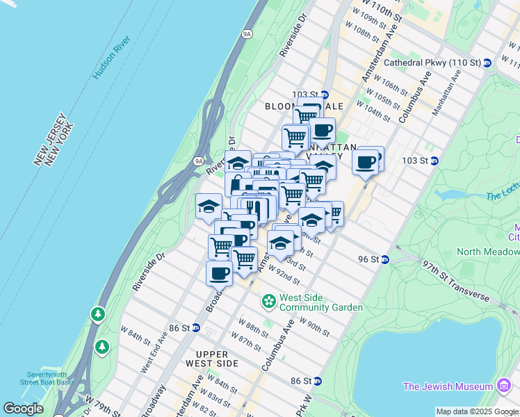 map of restaurants, bars, coffee shops, grocery stores, and more near 250 West 95th Street in New York