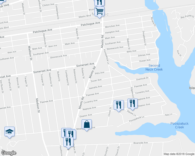 map of restaurants, bars, coffee shops, grocery stores, and more near 15 Dover Avenue in Mastic