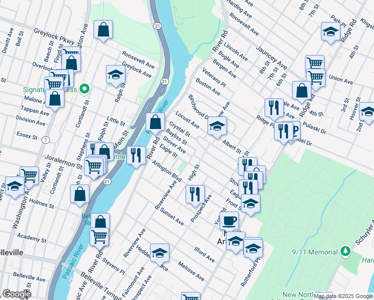 map of restaurants, bars, coffee shops, grocery stores, and more near 244 Stover Avenue in North Arlington