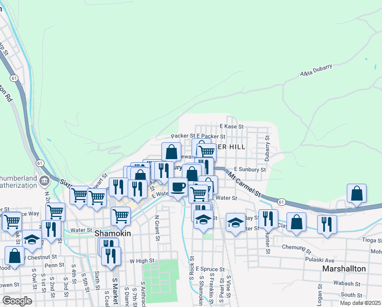 map of restaurants, bars, coffee shops, grocery stores, and more near 315 East Dewart Street in Shamokin