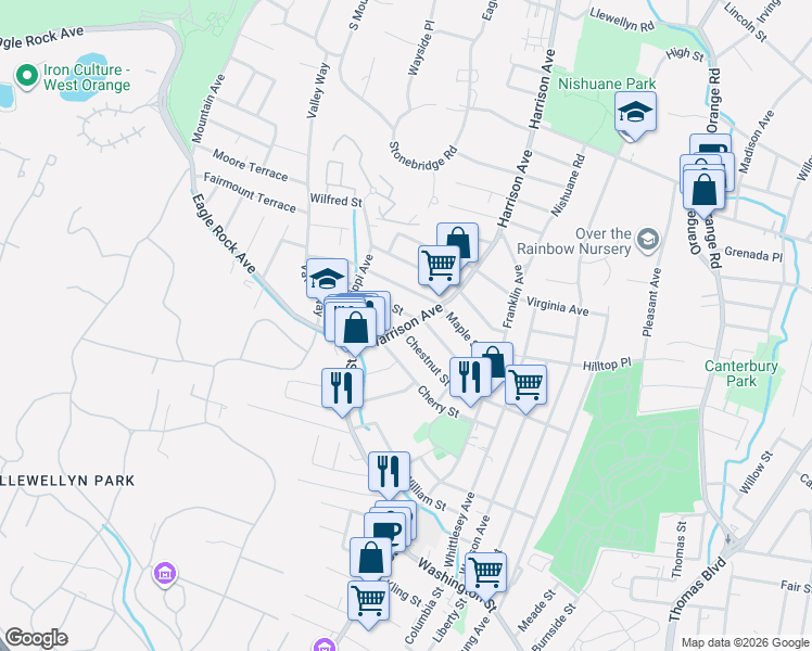 map of restaurants, bars, coffee shops, grocery stores, and more near 62 Harrison Avenue in West Orange