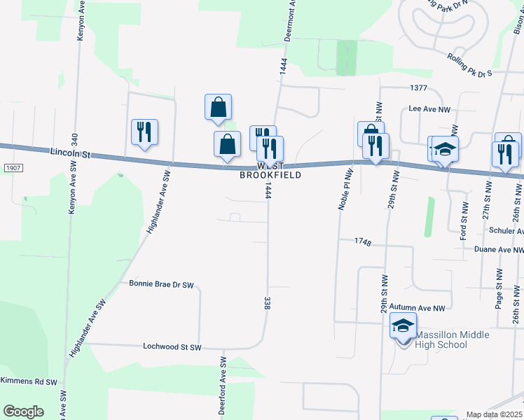 map of restaurants, bars, coffee shops, grocery stores, and more near 731 32nd St NW in Massillon