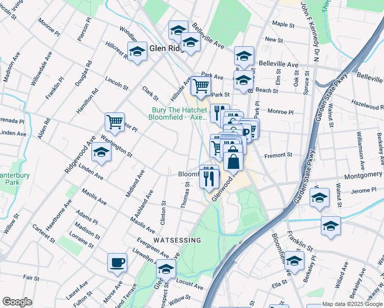 map of restaurants, bars, coffee shops, grocery stores, and more near 161 Thomas Street in Bloomfield
