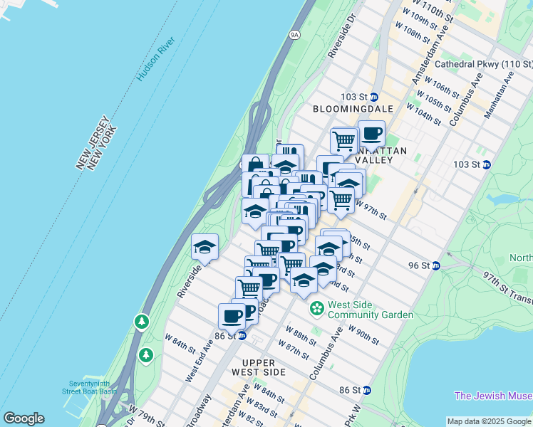 map of restaurants, bars, coffee shops, grocery stores, and more near 306 West 94th Street in New York