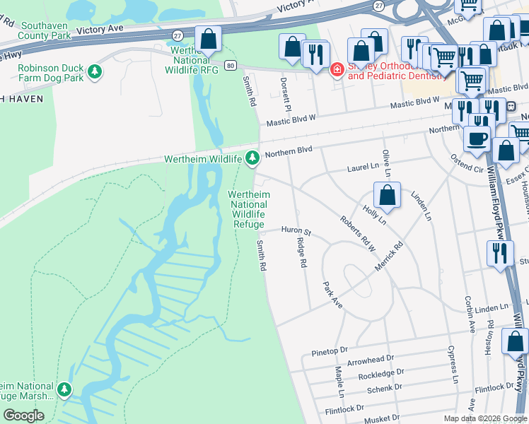 map of restaurants, bars, coffee shops, grocery stores, and more near 345 Smith Road in Shirley