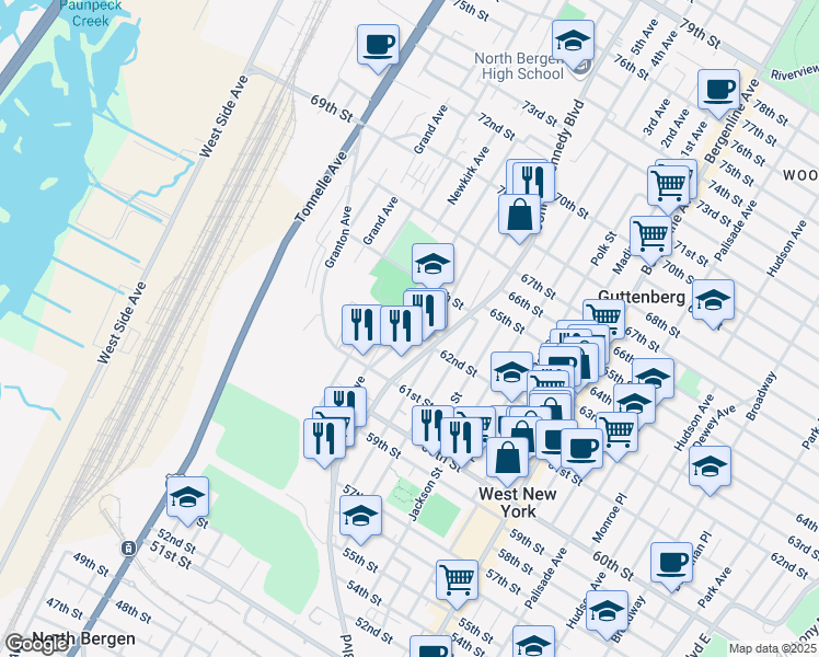 map of restaurants, bars, coffee shops, grocery stores, and more near 1221 63rd St in North Bergen