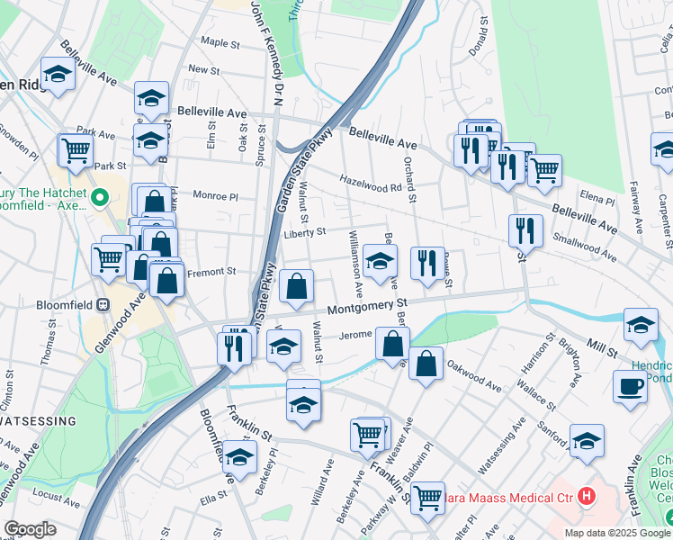 map of restaurants, bars, coffee shops, grocery stores, and more near 22 Walnut Terrace in Bloomfield
