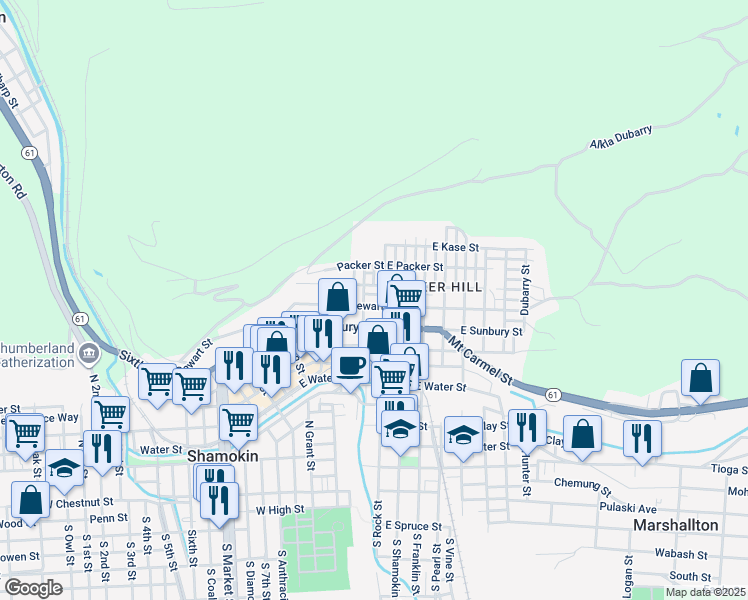 map of restaurants, bars, coffee shops, grocery stores, and more near 315 East Dewart Street in Shamokin