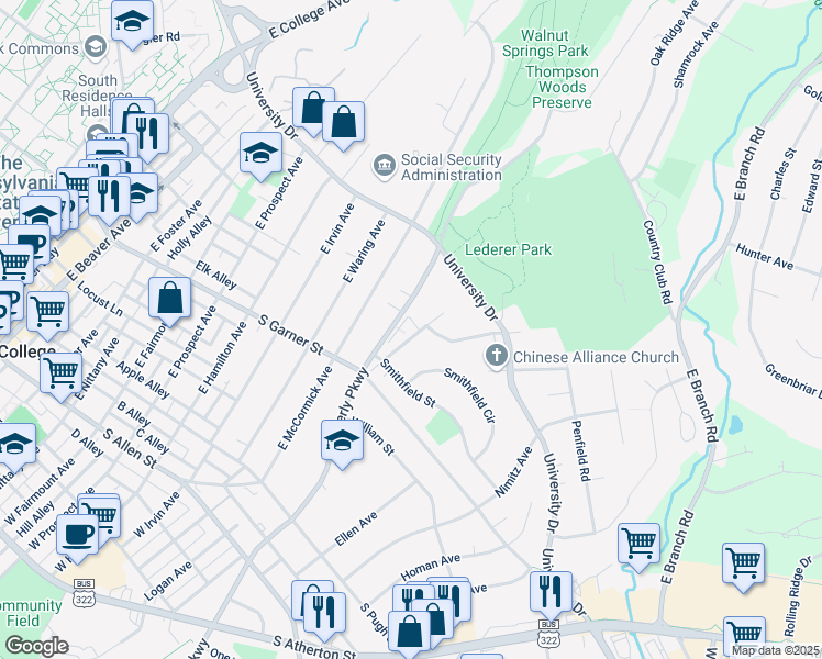 map of restaurants, bars, coffee shops, grocery stores, and more near 463 Kemmerer Road in State College