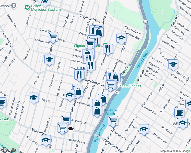map of restaurants, bars, coffee shops, grocery stores, and more near 383 Cortlandt Street in Belleville