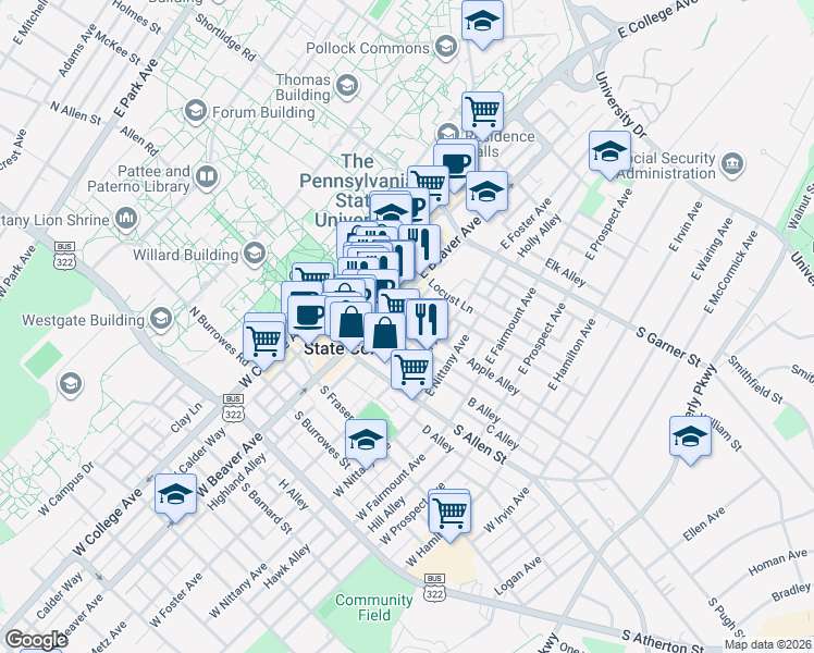 map of restaurants, bars, coffee shops, grocery stores, and more near 200 Highland Avenue in State College