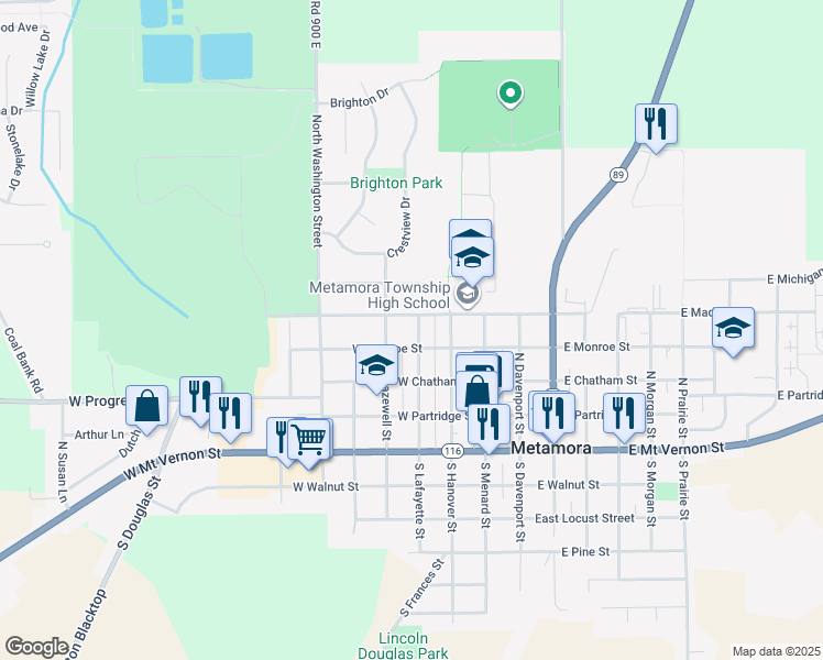 map of restaurants, bars, coffee shops, grocery stores, and more near 400-424 North Lafayette Street in Metamora