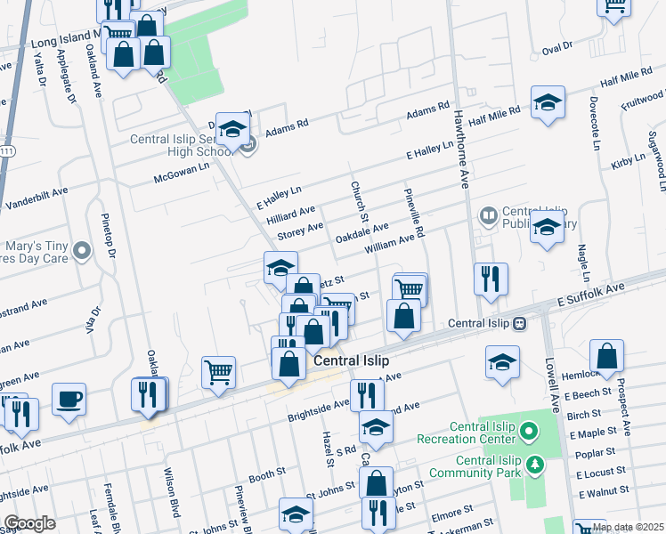 map of restaurants, bars, coffee shops, grocery stores, and more near 2 Rose Street in Central Islip