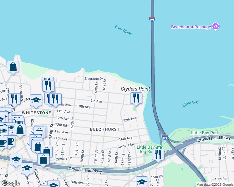 map of restaurants, bars, coffee shops, grocery stores, and more near 168-1 Powells Cove Boulevard in Queens
