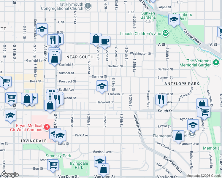 map of restaurants, bars, coffee shops, grocery stores, and more near 1819 S 23rd St in Lincoln