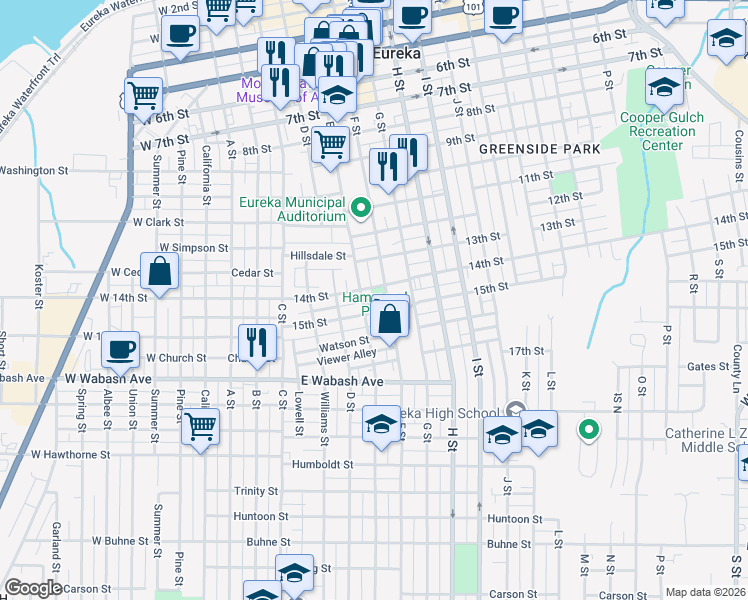 map of restaurants, bars, coffee shops, grocery stores, and more near 1421 F Street in Eureka