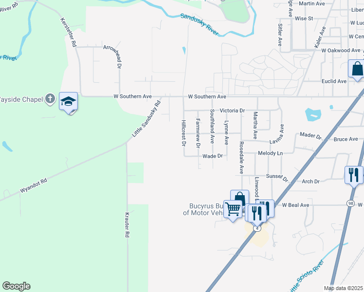 map of restaurants, bars, coffee shops, grocery stores, and more near 1127 Hillcrest Drive in Bucyrus