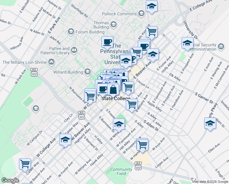 map of restaurants, bars, coffee shops, grocery stores, and more near in State College