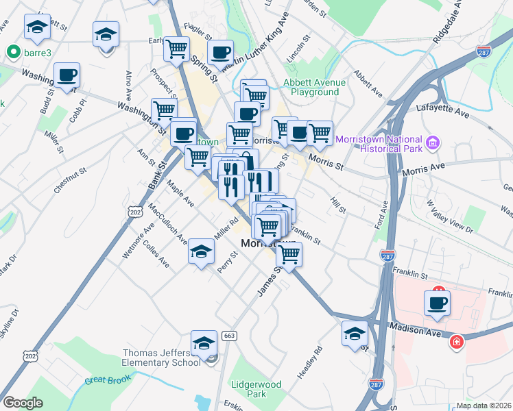 map of restaurants, bars, coffee shops, grocery stores, and more near 110 South Street in Morristown