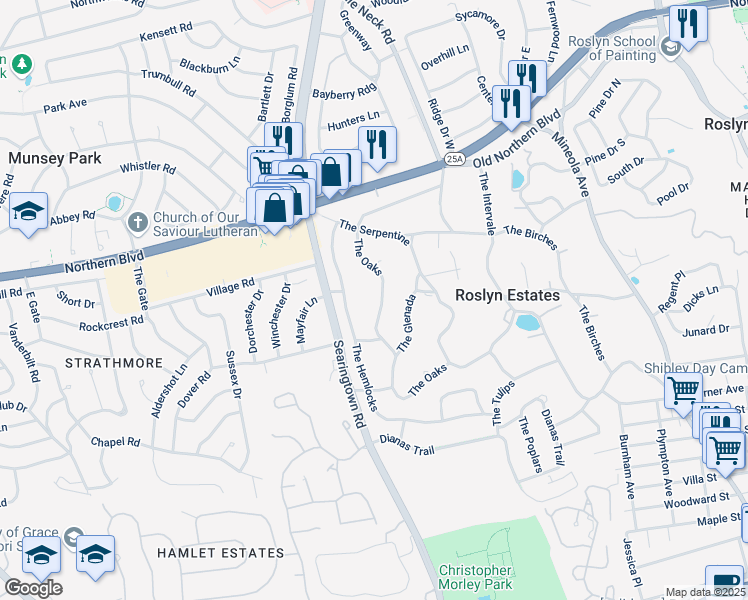 map of restaurants, bars, coffee shops, grocery stores, and more near 38 The Oaks in Roslyn