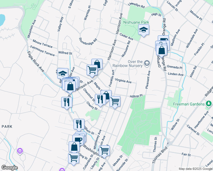 map of restaurants, bars, coffee shops, grocery stores, and more near 7 Kirk Street in West Orange