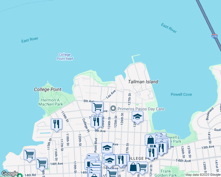 map of restaurants, bars, coffee shops, grocery stores, and more near 123-14B Powell Cove Boulevard in Queens
