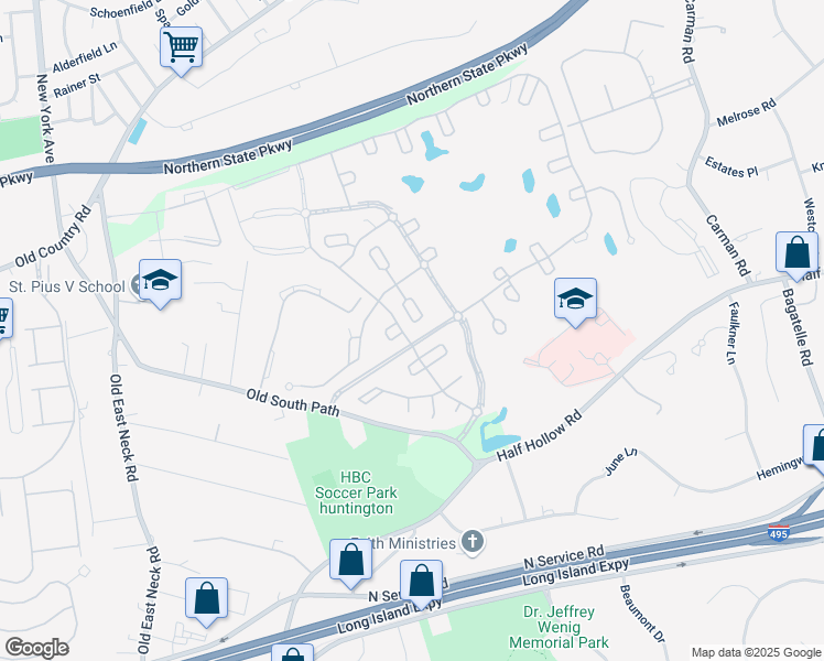 map of restaurants, bars, coffee shops, grocery stores, and more near 588 Bardini Drive in Melville