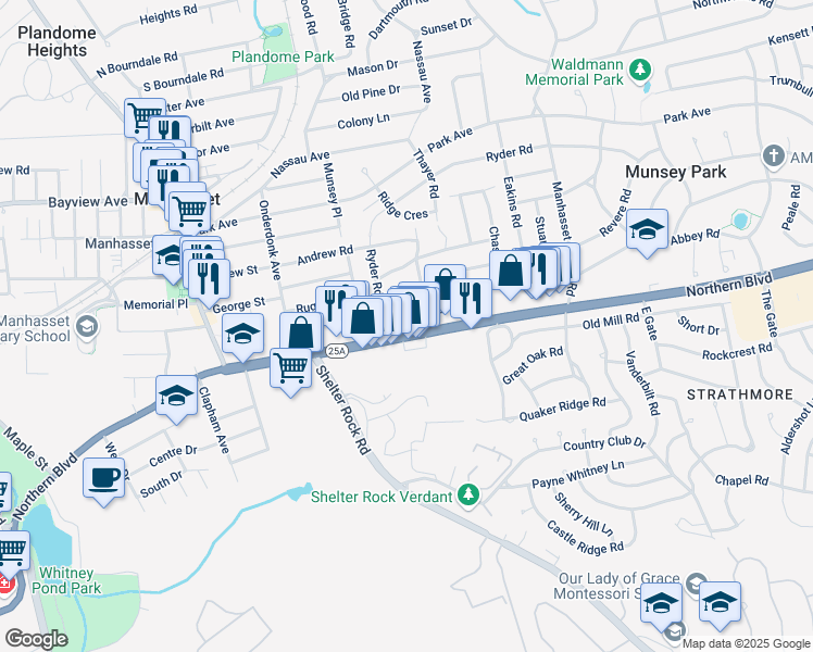 map of restaurants, bars, coffee shops, grocery stores, and more near 40 Rolling Hill Road in Manhasset