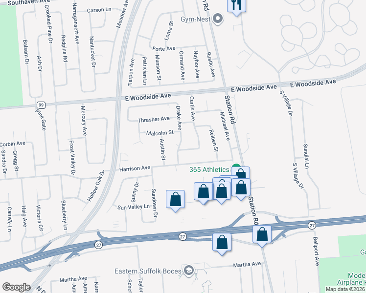 map of restaurants, bars, coffee shops, grocery stores, and more near 3 Curtis Avenue in Bellport