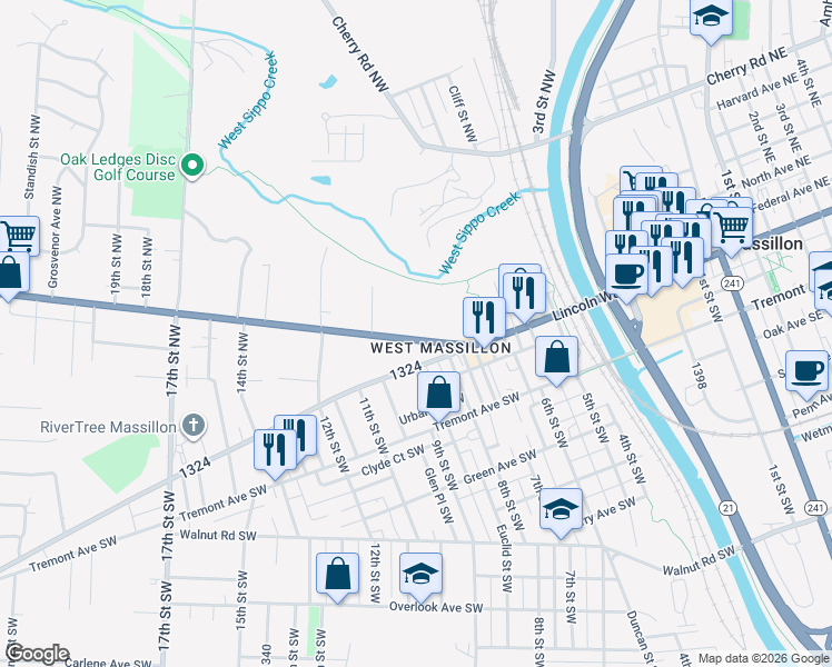 map of restaurants, bars, coffee shops, grocery stores, and more near 906 Ohio 172 in Massillon