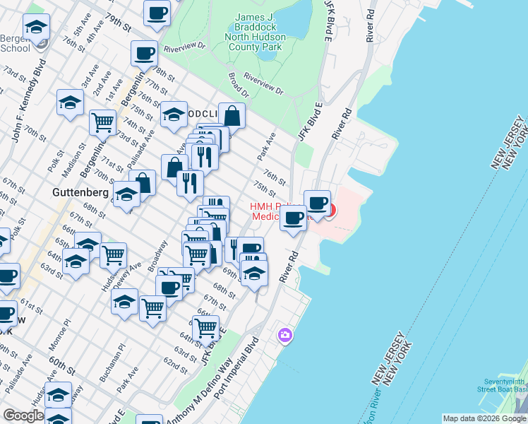 map of restaurants, bars, coffee shops, grocery stores, and more near in North Bergen
