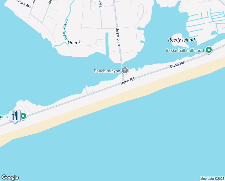 map of restaurants, bars, coffee shops, grocery stores, and more near 253 Dune Road in Westhampton Beach