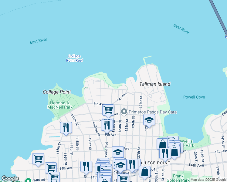 map of restaurants, bars, coffee shops, grocery stores, and more near 122-10 Powell Cove Boulevard in Queens