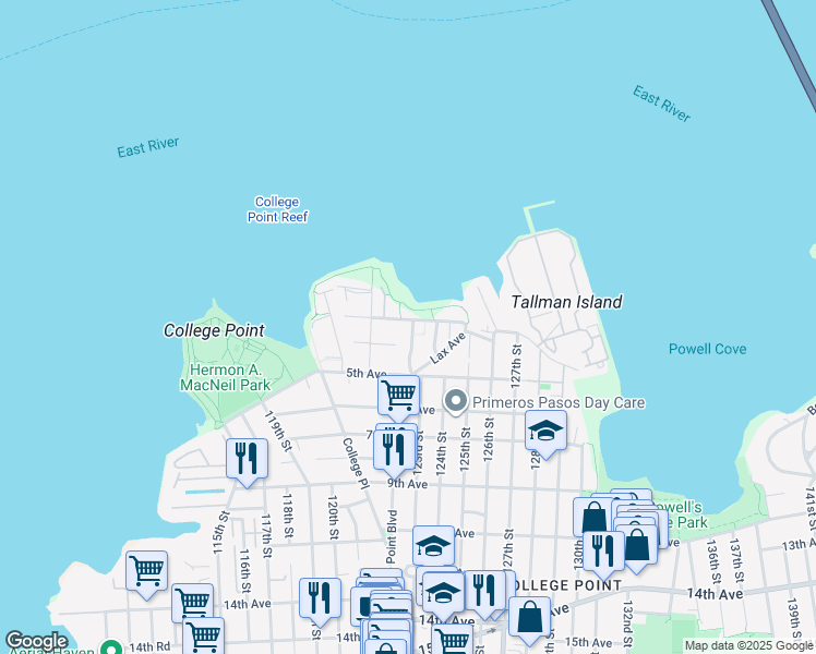 map of restaurants, bars, coffee shops, grocery stores, and more near 122-10 Powell Cove Boulevard in Queens