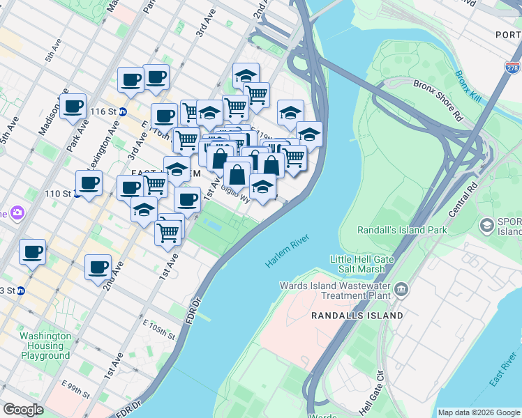 map of restaurants, bars, coffee shops, grocery stores, and more near 280 Pleasant Avenue in New York