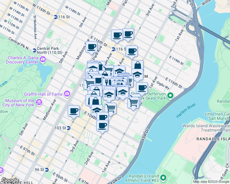 map of restaurants, bars, coffee shops, grocery stores, and more near 236 East 111th Street in New York
