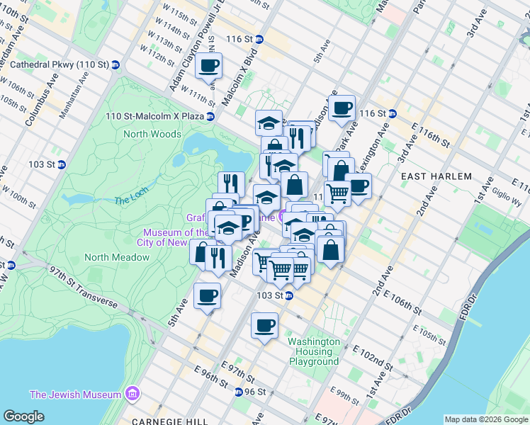 map of restaurants, bars, coffee shops, grocery stores, and more near 35 East 106th Street in New York