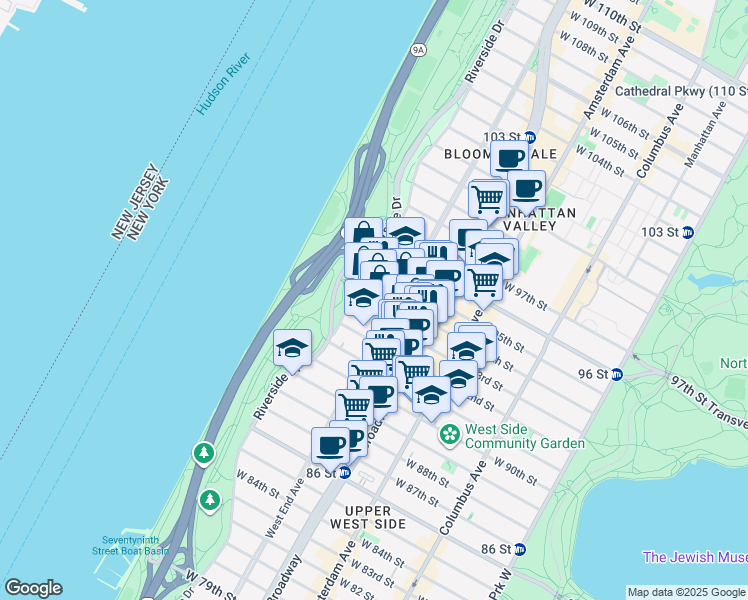 map of restaurants, bars, coffee shops, grocery stores, and more near 317 West 93rd Street in New York