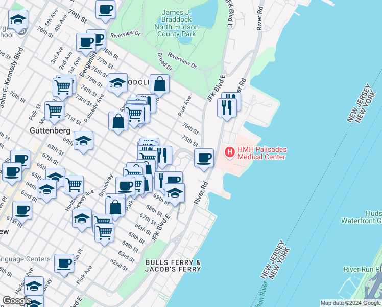 map of restaurants, bars, coffee shops, grocery stores, and more near in North Bergen