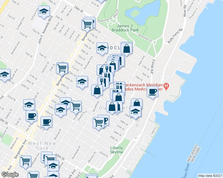 map of restaurants, bars, coffee shops, grocery stores, and more near in Hudson County