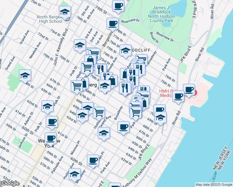 map of restaurants, bars, coffee shops, grocery stores, and more near 233 70th Street in Guttenberg