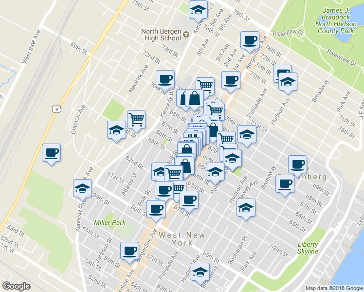 map of restaurants, bars, coffee shops, grocery stores, and more near 6518 Polk Street in West New York