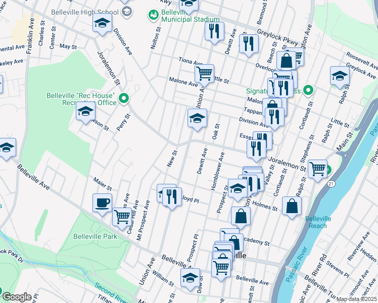 map of restaurants, bars, coffee shops, grocery stores, and more near 295 Union Avenue in Belleville