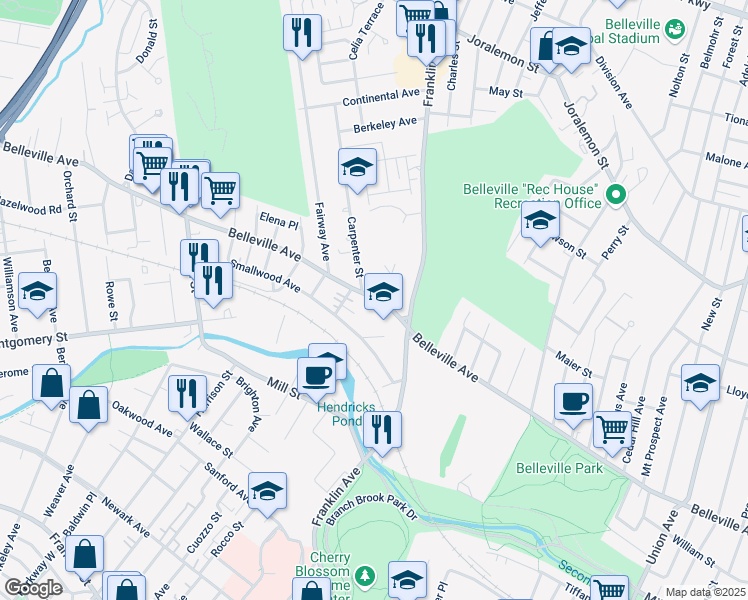 map of restaurants, bars, coffee shops, grocery stores, and more near 575 Belleville Avenue in Belleville