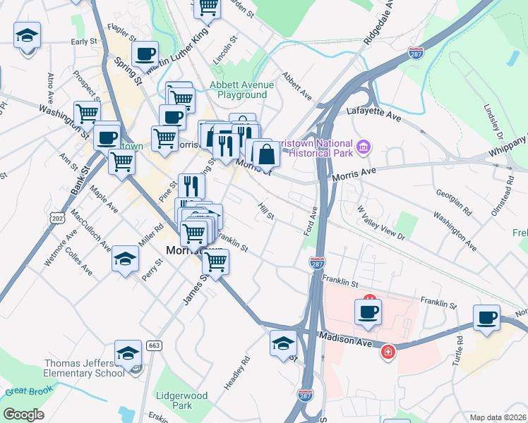 map of restaurants, bars, coffee shops, grocery stores, and more near 45 Hill Street in Morristown